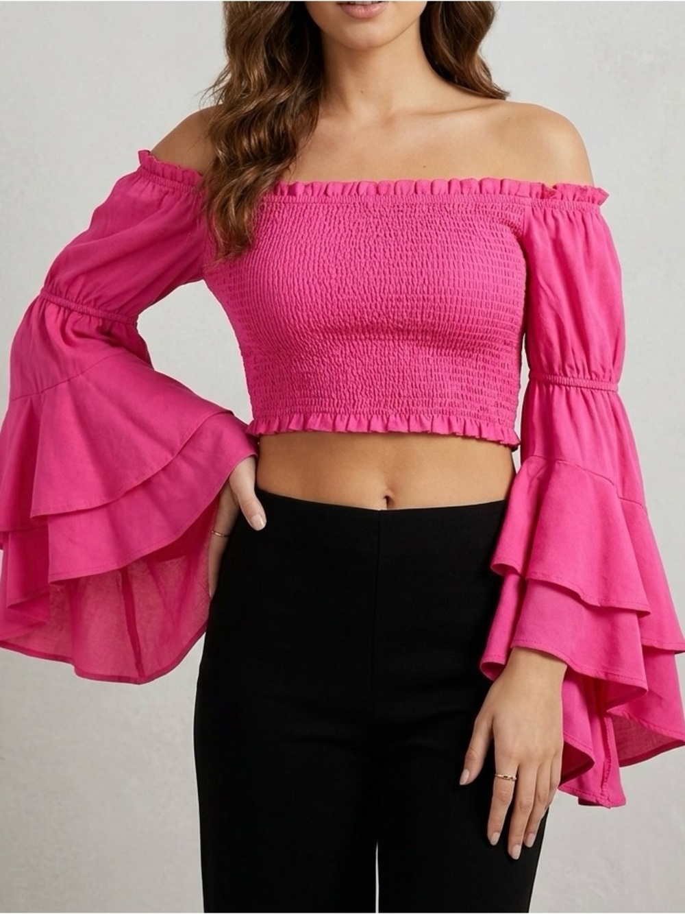 Smocked Off-Shoulder Crop Top with Ruffled Bell Sleeves - Hot Pink